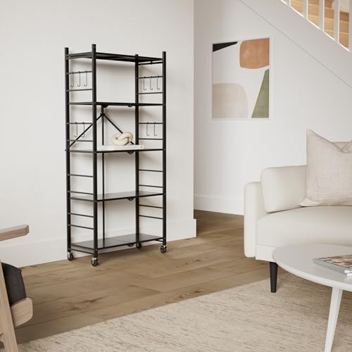 5-Tier Foldable Metal Storage Shelf with Wheels and Hooks, Black