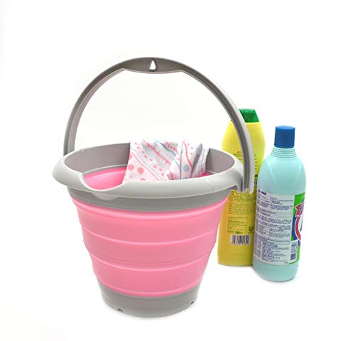 SAMMART 5L Foldable Plastic Bucket Grey/Pink - Collapsible Portable Water Pail for Camping & Fishing