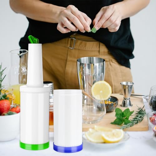 TINSKY 6-Pack Plastic Juice and Liquor Bottles with Stainless Steel Pourers - 34 Oz Bar Dispensers for Home & Bar Use