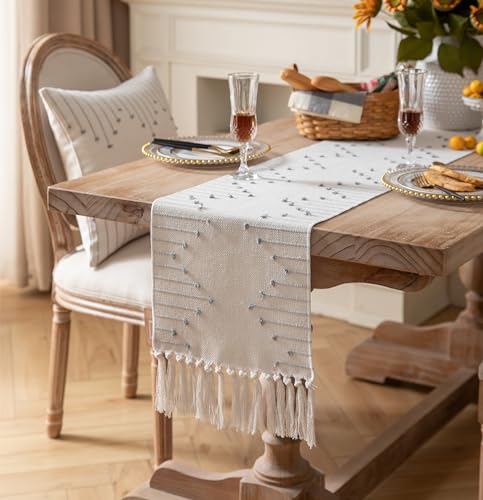 Caflife Grey Beige Cotton Linen Rustic Boho Table Runner 13x48 Inches