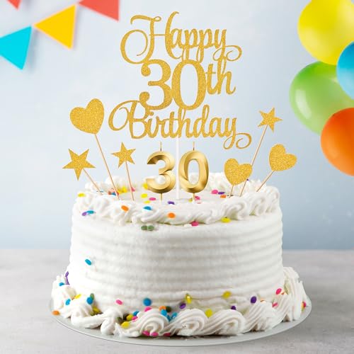 30th Birthday Cake Topper and Numeral Candle Set - Gold Glitter Decor