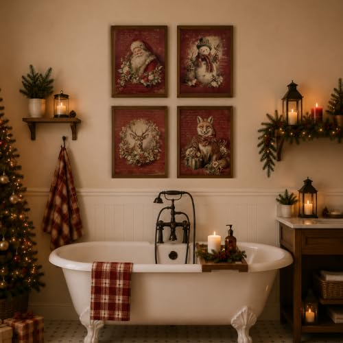 WEFKODO Vintage Christmas Wall Art Set - 4 Unframed Holiday Prints, Santa & Winter Scenes, White Christmas 13