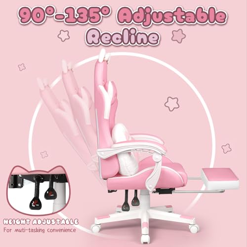 Kawaii Pink Gaming Chair with Cat Ears, Footrest and Lumbar Support