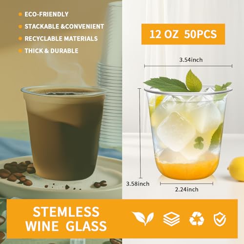 RMERVE Disposable Stemless Plastic Wine Glasses 12oz Clear 50 Pcs for Parties