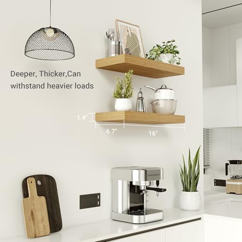 16-Inch Floating Wall Shelves, Set of 2 Rustic Oak Wood Storage Ledges