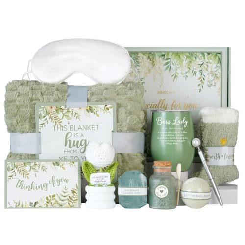 Boss Gifts for Women - Self Care Gift Basket with Blanket Tumbler Socks & Spa