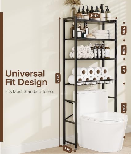 4-Tier Over-the-Toilet Storage Rack with Wooden Shelves & Net Basket