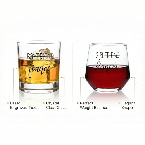 DeeCoo Engagement Gift Set for Couples Whiskey & Wine Glasses - Fiancee & His & Hers Celebration Gift