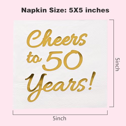 Sllyfo 50th Birthday Party Napkins White & Gold 50 Pack Cheers to 50 Years 5x5"
