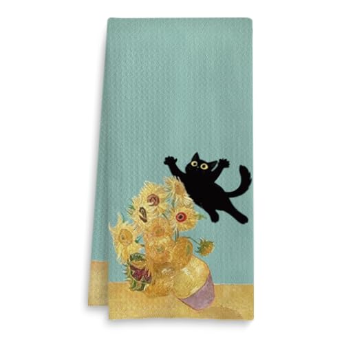 Funny Black Cat Kitchen Towel, Vintage Floral Kitten Dish Towel 16x24 Inch
