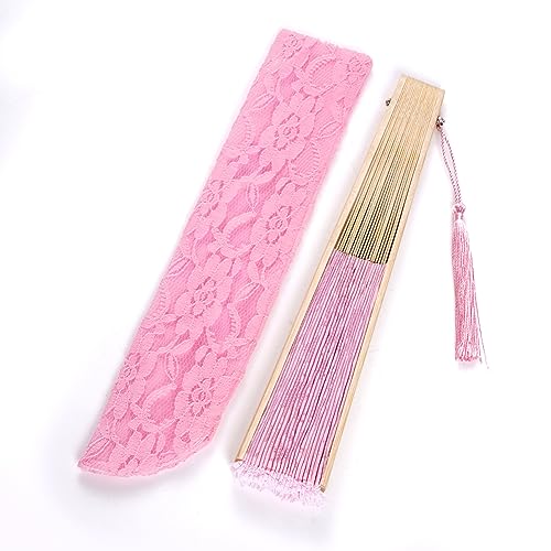 Pink Lace Handheld Bamboo Folding Fan with Tassel for Weddings and Parties