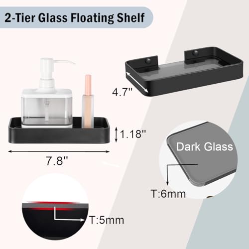 8-Inch Small Glass Floating Shelf, Matte Black Wall Mounted Organizer