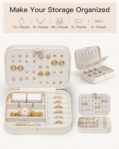 Compact Travel Jewelry Box Organizer, Double-Layer PU Leather Case - Beige