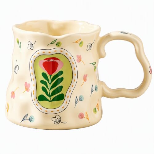 VABILNIY Hand Painted Floral Ceramic Mug 13.5 oz Creamy Yellow with Unique Curved Handle