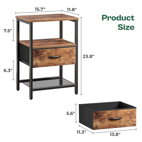 Industrial Nightstand Set of 2 with Fabric Drawer and Mesh Storage Shelf