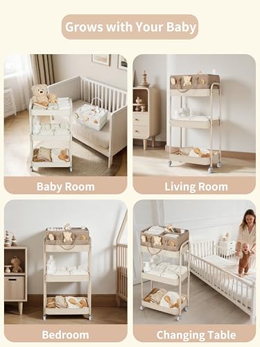3-Tier Baby Diaper Caddy Rolling Cart with Removable Dividers, Taupe