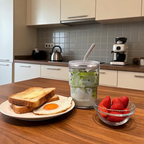 13oz Glass Iced Coffee Tumbler with Lid and Straw, Leak-Proof Travel Cup