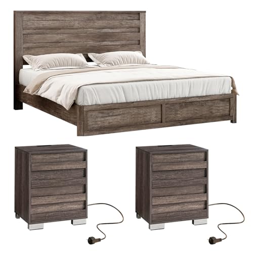 3-Piece Farmhouse Full Bed Frame Set with Charging Nightstands, Rustic Grey