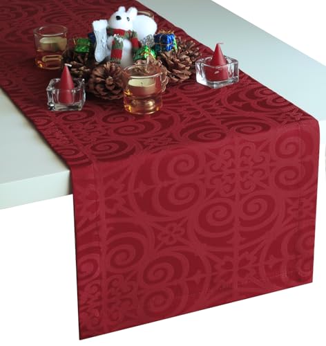 Akutana Cranberry Red 14x144 in Damask Table Runner - 144in Polyester, Stain-Resistant Burgundy