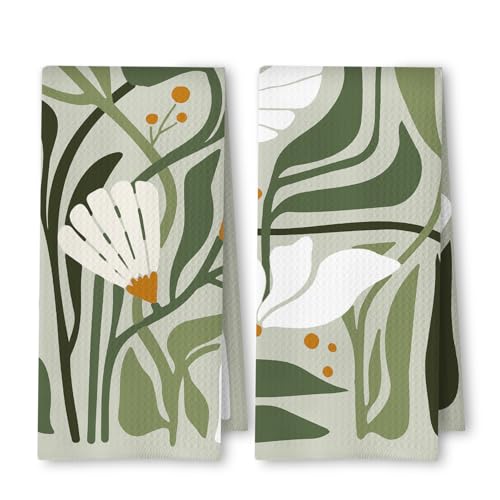 Sage Green Floral Kitchen Towels, Waffle Weave Dish Towels Set of 2