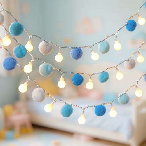 Nakolulu 2-Pack Blue 6.54ft Pom Pom Fairy Lights 20 LEDs Battery Operated