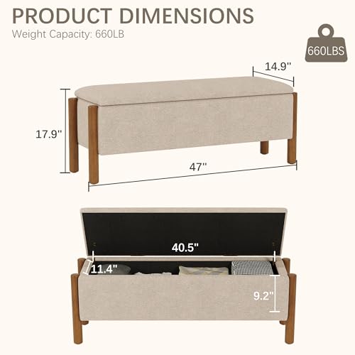 47-Inch Upholstered Storage Bench with Walnut Legs, Beige Ottoman Bench