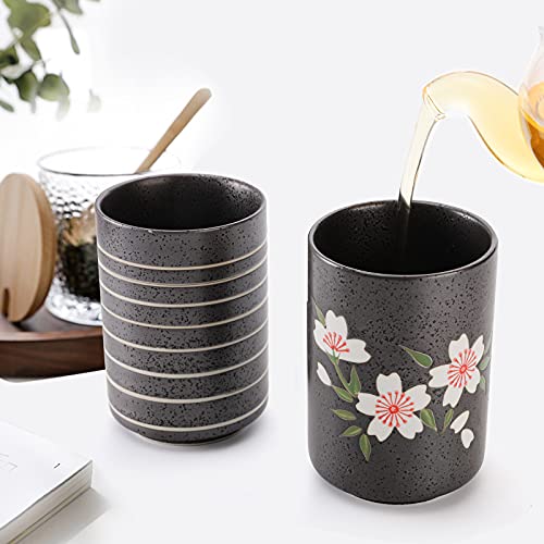 Hedume Set of 2 Japanese Ceramic Tea Cups 10oz Cherry Blossom & Line Design - Pack of 1