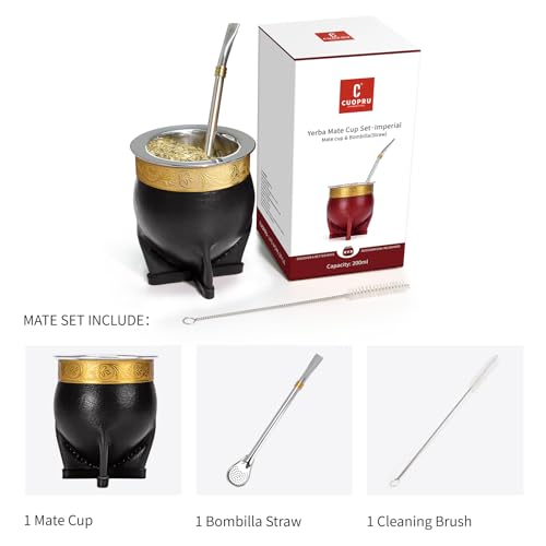 Cuopru Black Premium Argentina Yerba Mate Cup with Bombilla Set - Baroque Leather Gourd, Stainless Steel Inner