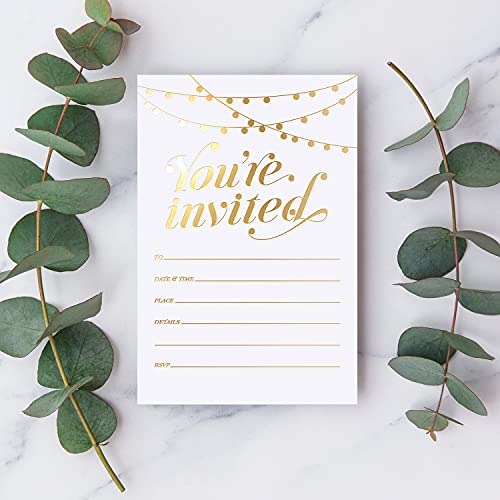 25 Gold Foil Party Invitations with Envelopes, 4x6 Premium Cardstock Cards