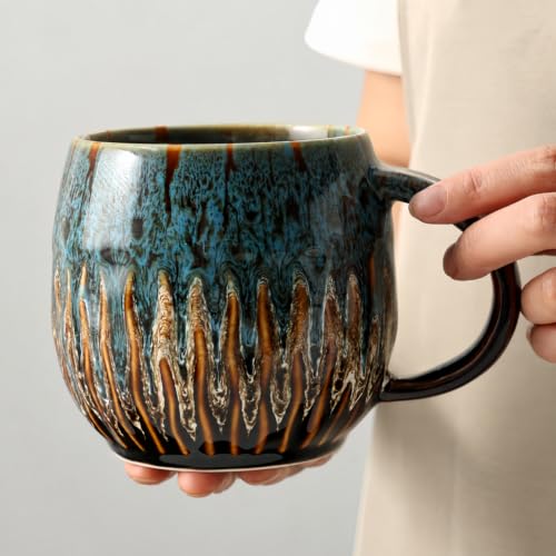 20oz Blue Ceramic Coffee Mug - Raku-Style Large Tea Cup, Unique Design, Microwave & Dishwasher Safe