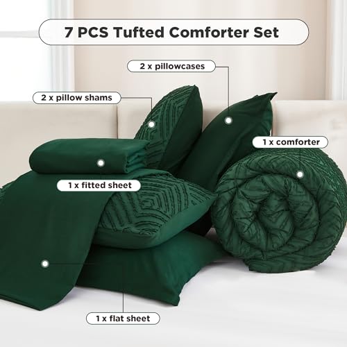 King Size Tufted Comforter Set - 7-Piece Emerald Green Bed in a Bag