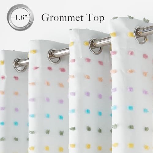 Rainbow Pom Pom Blackout Curtains, Double Layer Tulle Window Drapes, 52x84
