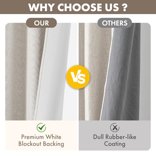100% Blackout Linen Curtains 40W x 84L - Thermal Insulated Cream Drapes