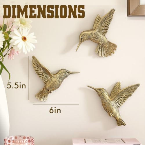3D Hummingbird Wall Decor Set - Antique Gold Resin Bird Wall Art (Set of 3)