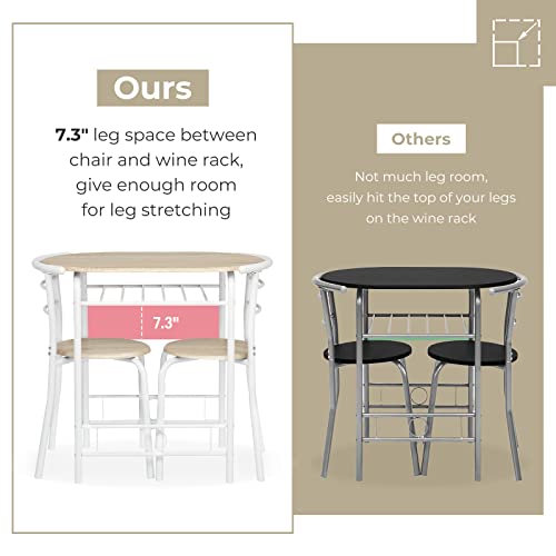 3-Piece Small Dining Table Set for 2 with Built-In Wine Rack, White & Light Oak