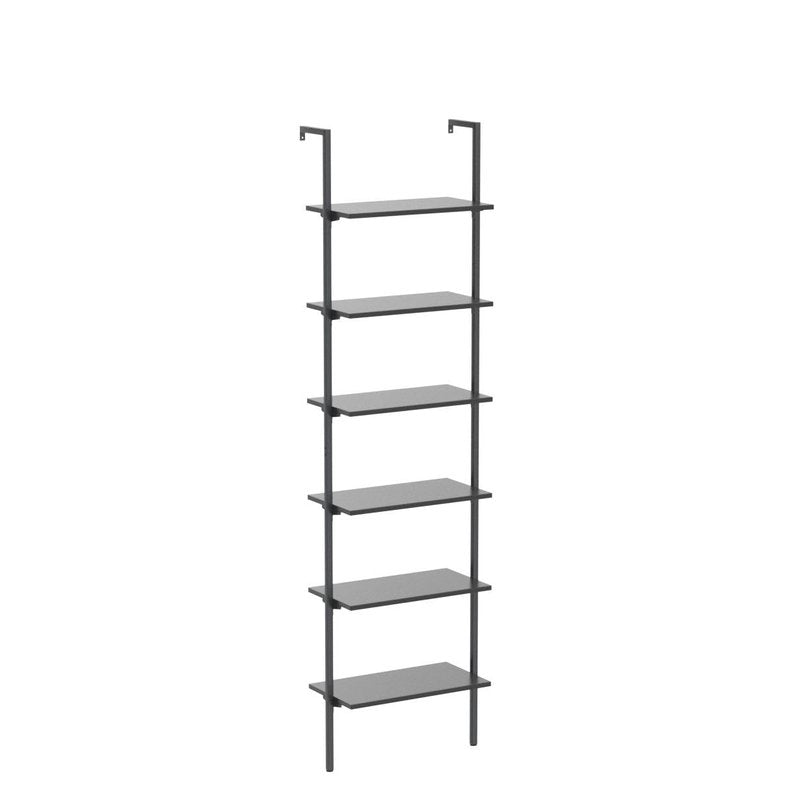 ODK 5-Tier Ladder Bookcase, Industrial Storage Shelf with Metal Frame for Living Room, Home Office, Kitchen & Bedroom, Space Saving Freestanding Organizer Rack, Black (8" D x 16" W x 74" H)