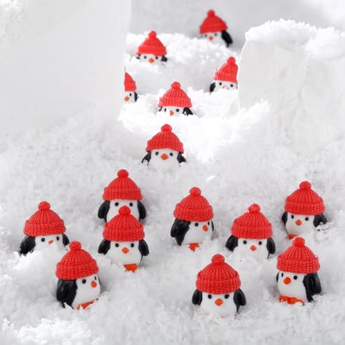Soulchen 50 Pcs Mini Penguin Figurines with Red Hats for Christmas Decor, Resin Holiday Ornaments