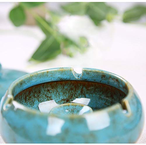 Ceramic Ashtray with Lid - Windproof Desktop Cigarette Ash Tray, Blue