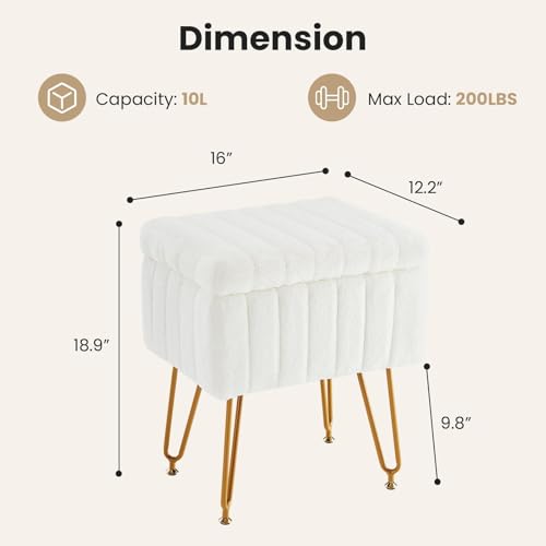 Faux Fur Storage Vanity Stool Chair - Modern Footrest Ottoman with Metal Legs
