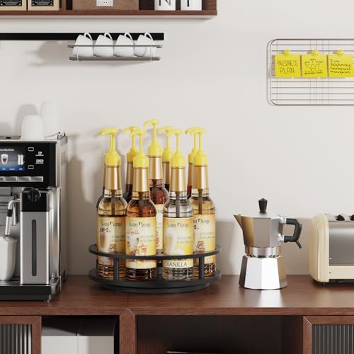 Rotating Coffee Syrup Organizer - 9 Bottle Wooden Rack for Countertop