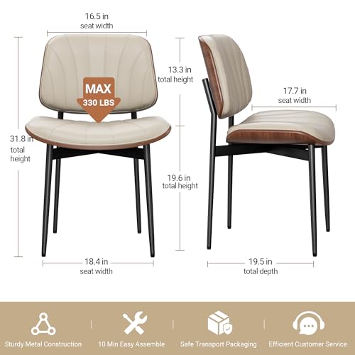 Mid-Century Modern Dining Chairs Set of 6, Upholstered PU Leather with Walnut Back