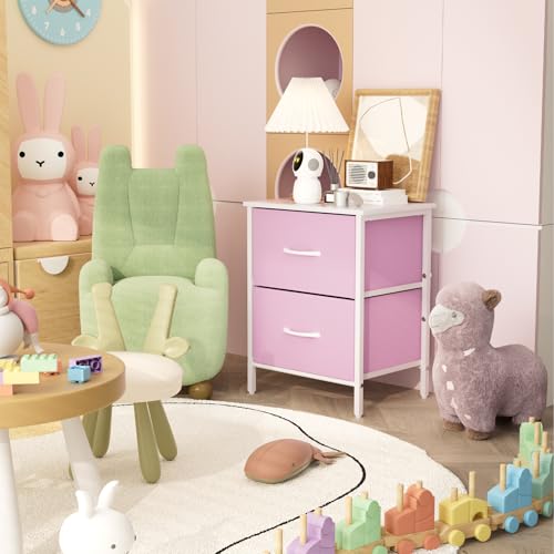 2-Drawer Pink Nightstand with Steel Frame and Wood Top