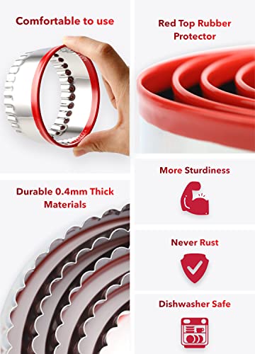 COOKIEQUE 4-Piece Fluted Round Metal Cookie Cutters Set with Red Top Handles