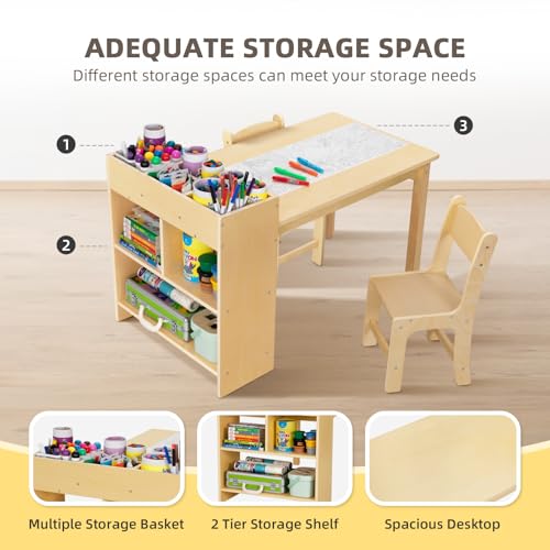Kids Art Table and 2 Chairs Set with Storage - Wooden Toddler Activity Desk