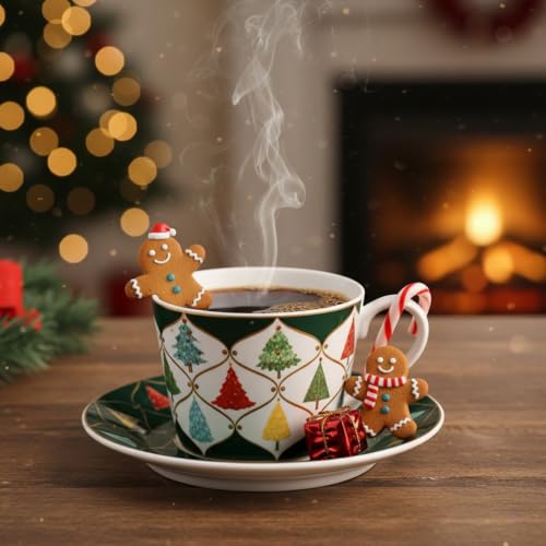 Fruasio Christmas Tree 2-Piece Espresso Cups & Saucers Set, 4 oz Ceramic Teacups with Green Gold Holiday Pattern (Gift Box)