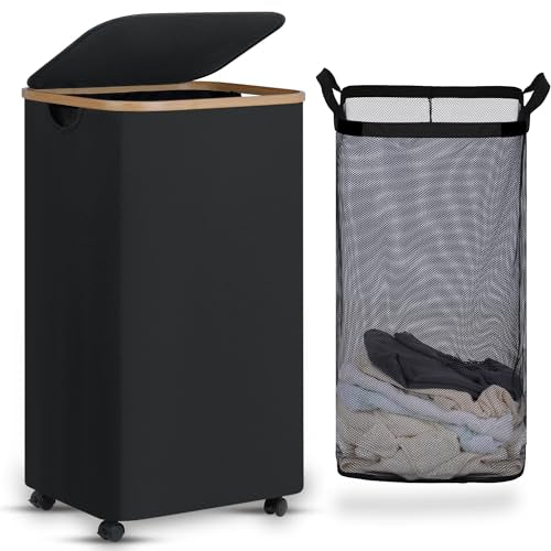 efluky 100L Rolling Laundry Basket with Lid & Removable Bag, Black