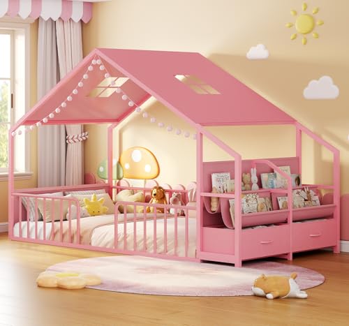 Twin Montessori House Bed with Guardrails, Book Shelf & Storage Drawers