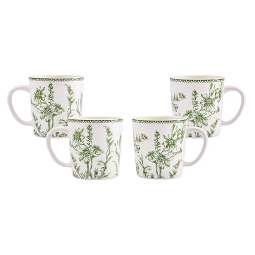 Bico Green Garden Toile de Jouy 18 oz Mugs Set of 4 – Lead-Free Ceramic Coffee Tea Cups with Large Handles