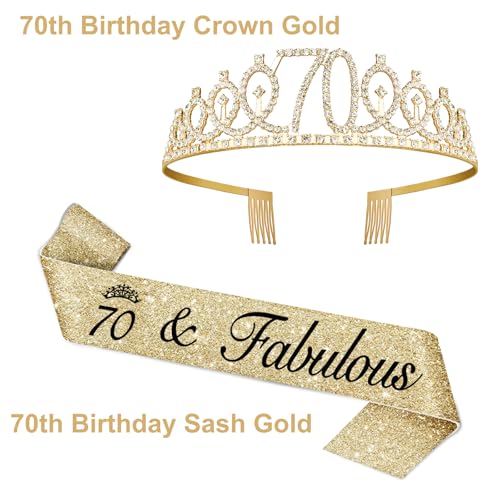 70th Birthday Decorations for Women Gold Tiara Sash and Number Candles