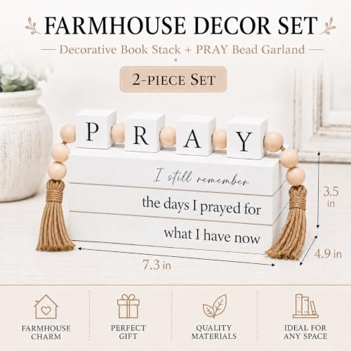 Farmhouse Decorative Faux Book Stack with Pray Garland and Wood Tassels